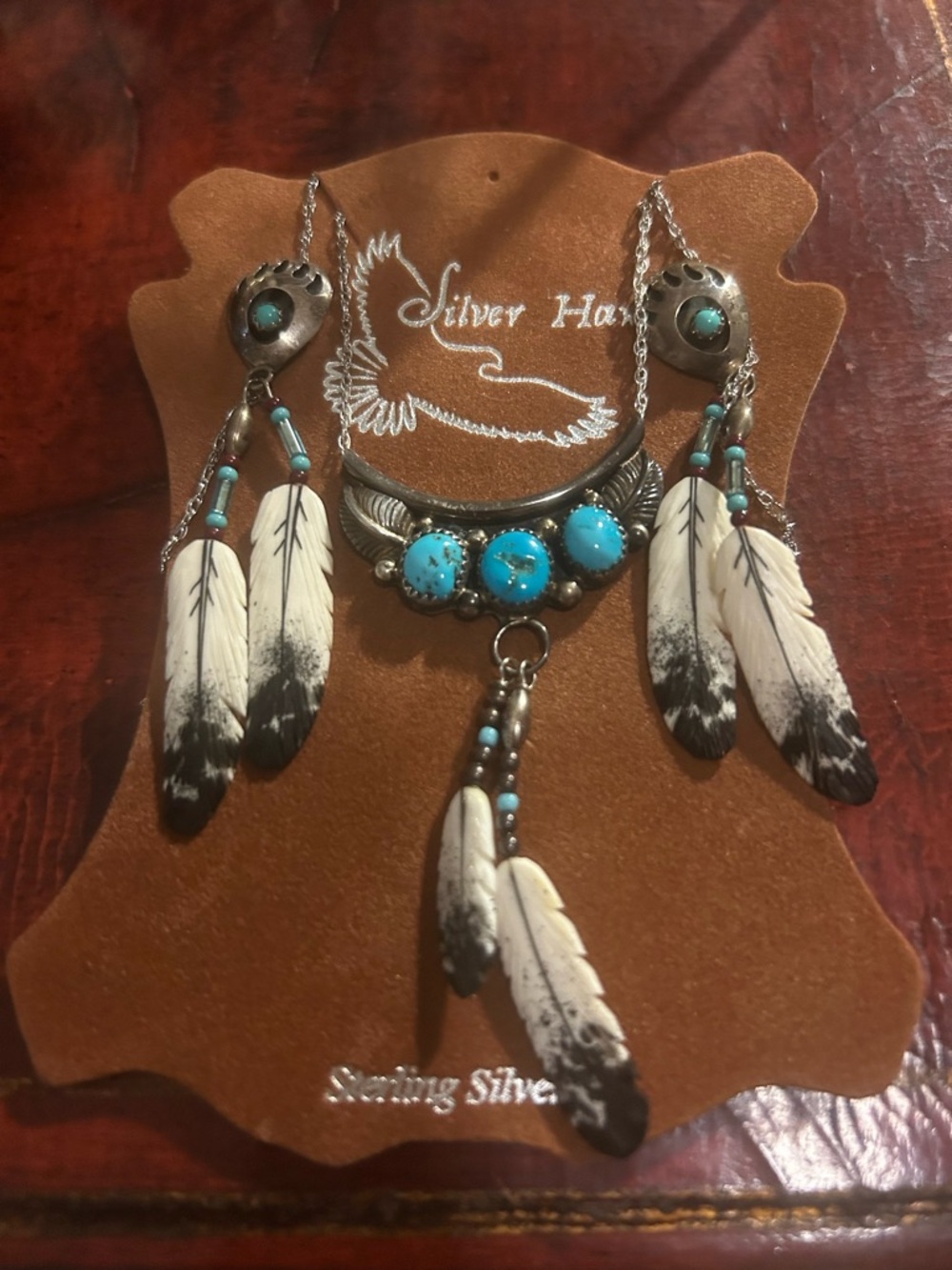 Native American Silver Hawk Turquoise Bone Eagle Feather Necklace Earrings Set